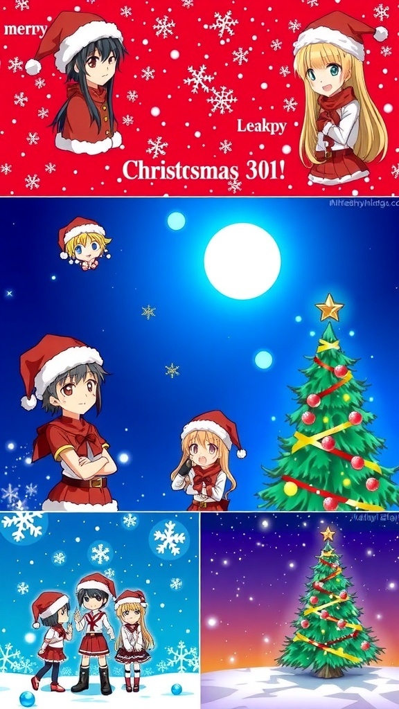 A variety of anime characters in Christmas-themed outfits, perfect for profile pictures.